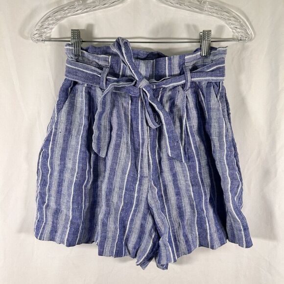 New H&M Linen Blend Shorts Women's 4 Blue White Striped Tie Zip Button 3.5" In - Picture 1 of 7